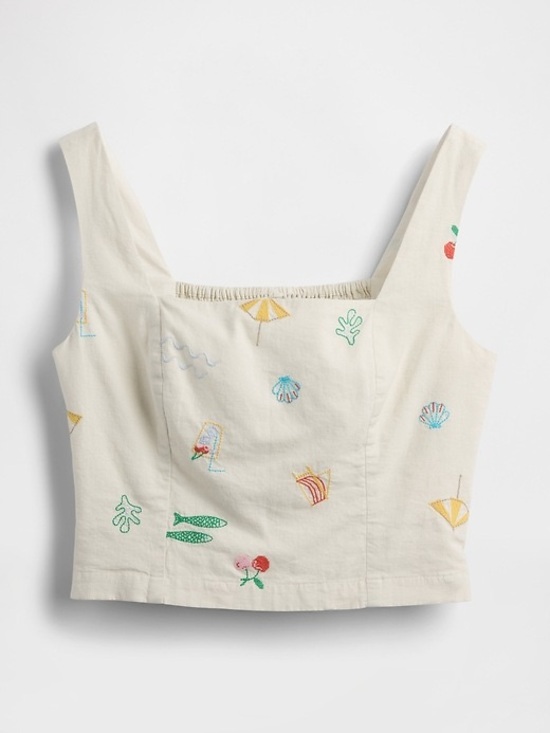 GAP Tops - Gap linen-blend crop top embroidered beach cream beige